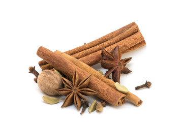 Cinnamon, anise, nutmeg, cloves and cardamom isolated