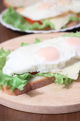 Egg sandwich with salad leaves on dark brown
