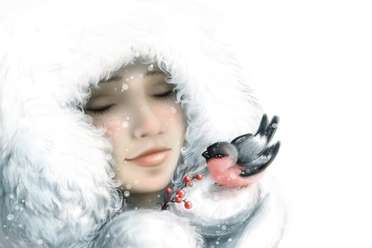 girl with a bullfinch. winter illustration