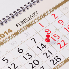 Calendar page with red thumbtack on February 14 2014.