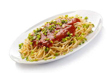 Pasta with meat, tomato sauce, parmesan and vegetables