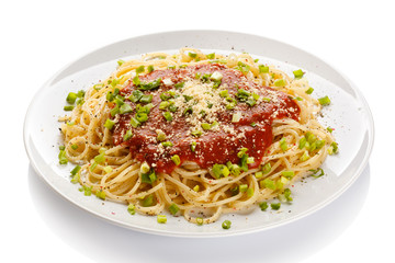 Pasta with tomato sauce, parmesan and vegetables