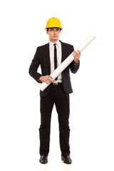 Engineer holding rolled paper plan.