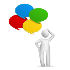 3d man thinking with four speech bubbles