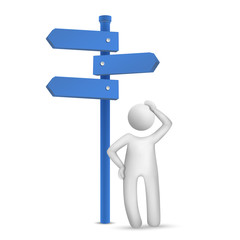 3d man standing in front of a road sign