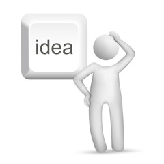 Fototapeta premium 3d man thinking with an idea button