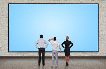 businesspeople looking at blank plasma