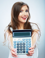 Isolated woman white dress hold count machine. Isolated female