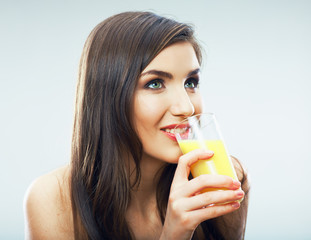 Young woman close up portrait drink juice