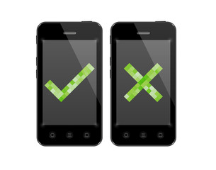 smartphones with check and cross symbol