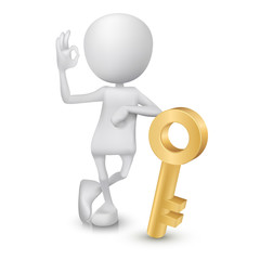 3d man showing okay hand sign with a golden key