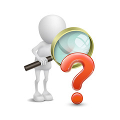 3d person with magnifying glass question mark red search