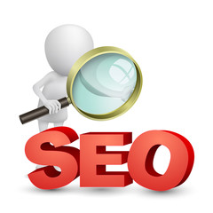 3d Man with a magnifying glass looking at the text SEO