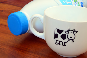 Lait et bol blanc sur la table