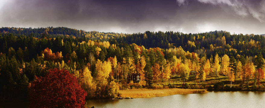 autumn, fall, scenery with lakes and forest, sweden