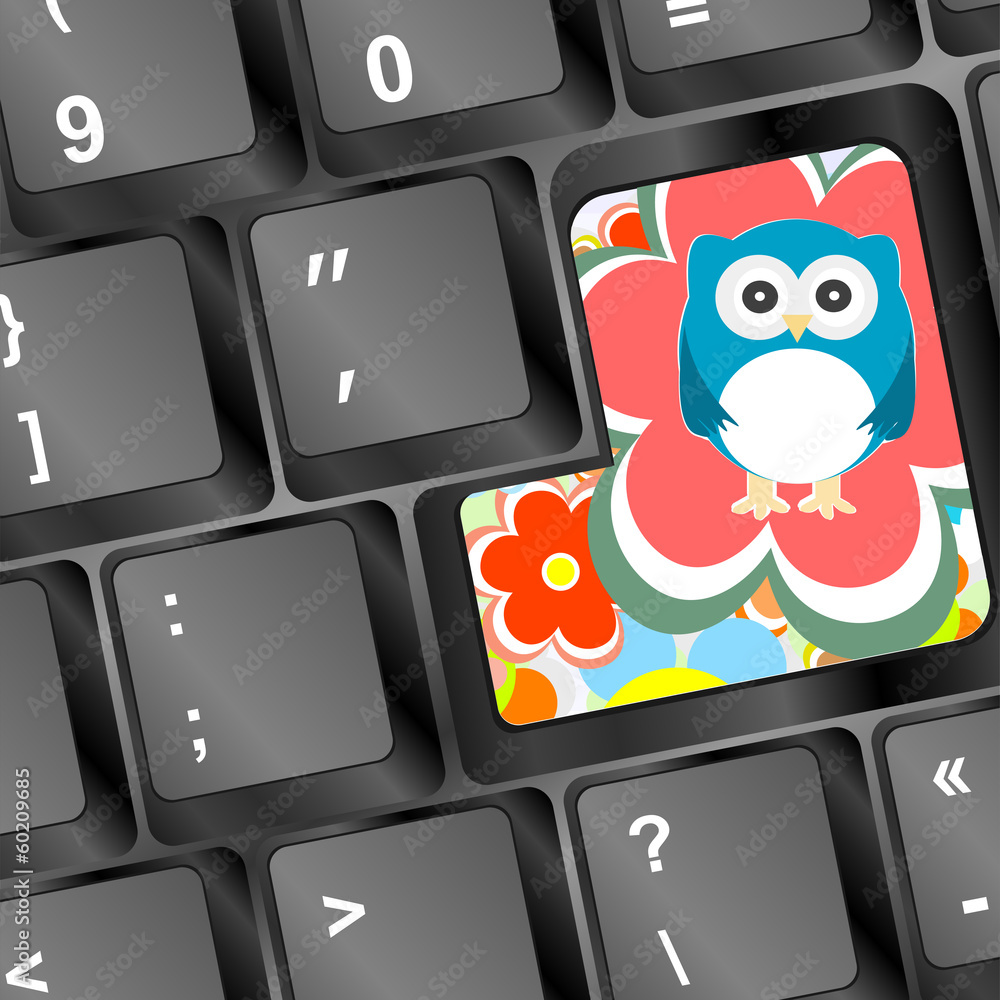 Poster owl on computer keyboard key with flowers