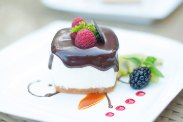 closed up chocolate cake with berry