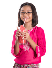 Naklejka premium Girl Drinks Watermelon Juice