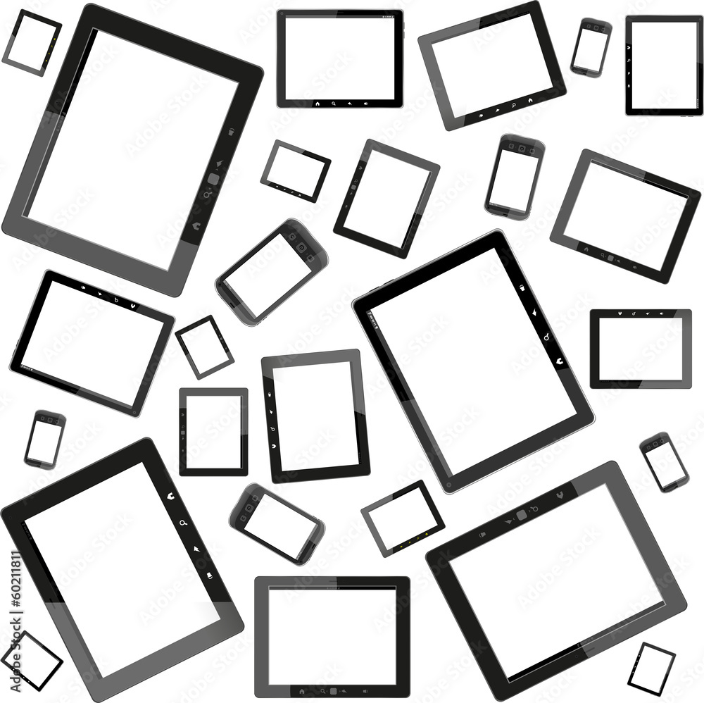 Poster set of tablet pc computers with blank screen on white background