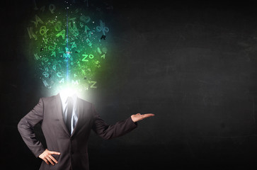 Business man with abstract glowing letters on head