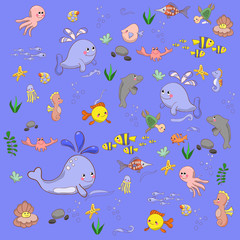 Cartoon set with sea live, animals set. Flowers. Romantic doodle