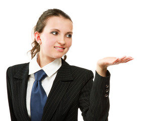 A young woman pointing at something
