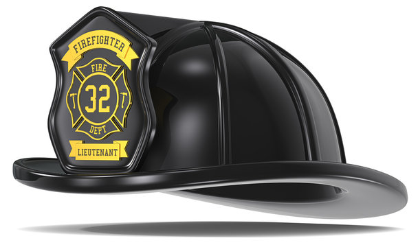 Retro Firefighter Helmet. Retro Black with badge. Isolated.