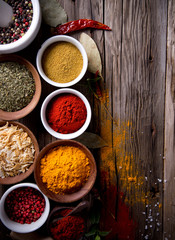 Assorted spices on wooden background