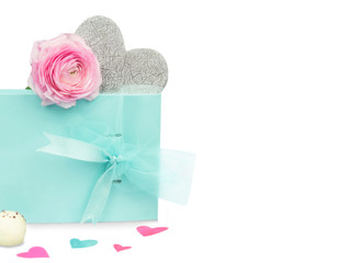 Hearts, gift box, bow, silver hearts, flower and chocolate