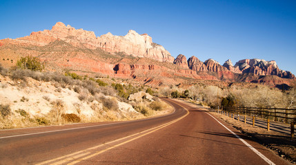 Road Sunrise High Mountain Buttes Zion National Park Desert