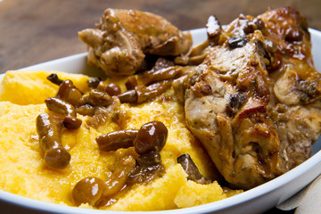 rabbit with mushrooms and polenta