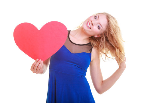 Red heart. Love symbol. Woman hold Valentine day symbol.