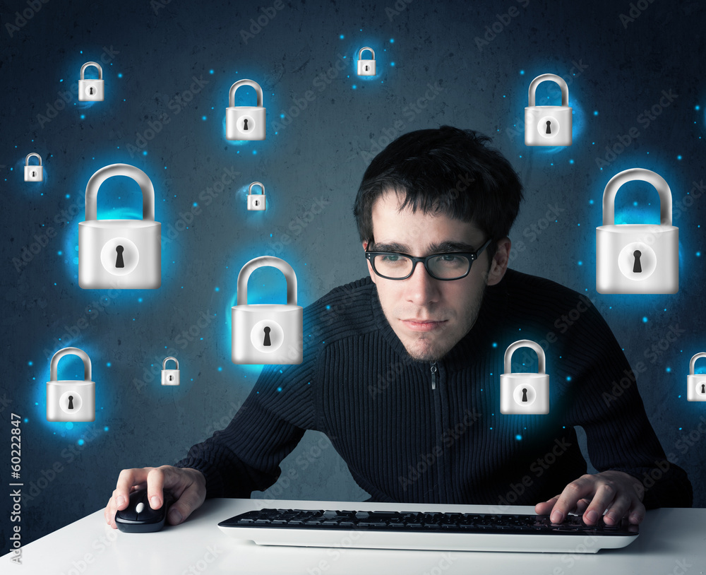 Poster young hacker with virtual lock symbols and icons