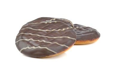 Round chocolate soft cake biscuits on a white background