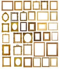 Fototapeta premium Set of many gilded frames. Isolated over white background