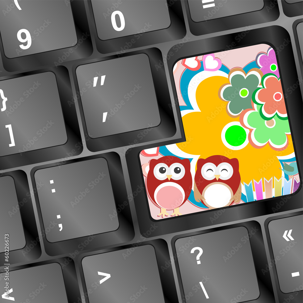 Poster owl on computer keyboard key with flowers