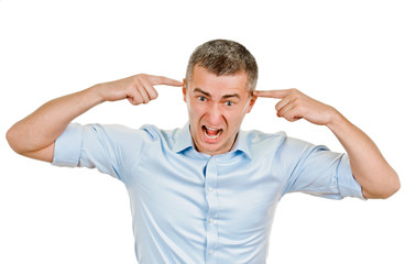 young man showing negative sign on white background