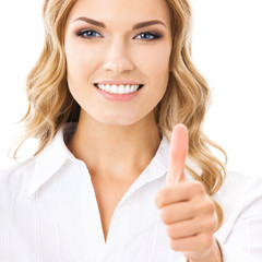 Woman with thumbs up gesture, over white