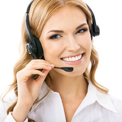 Support phone operator in headset, isolated