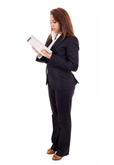 Business woman using digital tablet computer, isolated over whi
