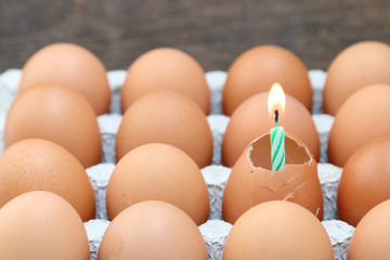 Raw break egg with happy birthday candle