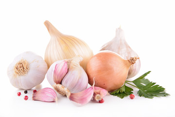garlic and onion isolated on white