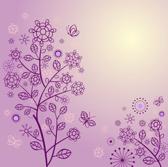 Beautiful spring card with violet lacy tree