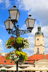 Lamp post with flower basket in Bialystok, Poland.