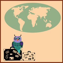 Cute Owl with suitcases in cartoon stile.