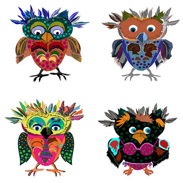 Set of Cute Owl cartoon drawing(hipster symbol series)