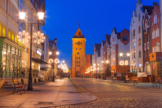 Old town of Elblag at night in Poland