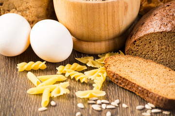 Fresh bread, eggs, pasta and grains