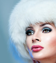 beautiful woman in white fur hat