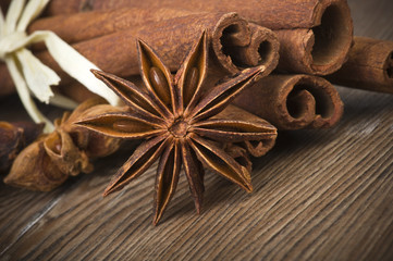 cinnamon sticks and anise on wooden table